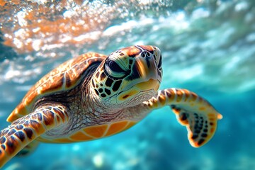Fototapeta premium Sea turtle swimming in turquoise water close-up wildlife photography