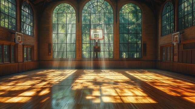 Basketball Court Interior with High Contrast Lighting and Hyper-Realistic Textures for Sports Arena Promotion