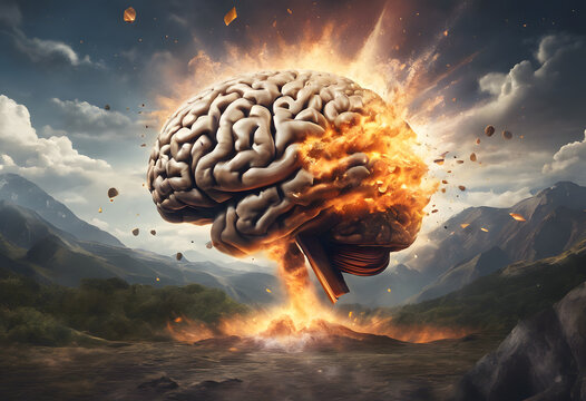 A surreal image depicting a brain exploding like a nuclear mushroom cloud, symbolizing a powerful idea or mental explosion. The scene is dramatic and visually striking.