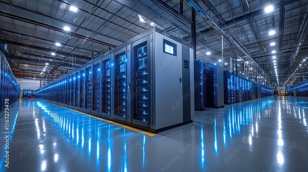Poster data center with illuminated server racks and modern design