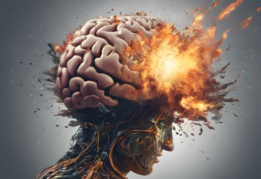A surreal image depicting a brain exploding like a nuclear mushroom cloud, symbolizing a powerful idea or mental explosion. The scene is dramatic and visually striking.