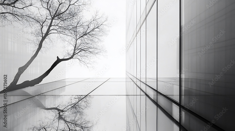 Aufkleber tree mirroring glass building in grayscale.
