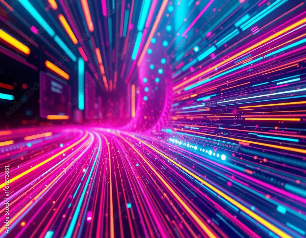 Aufkleber neon light trails streak through a digital tunnel, creating a vibrant and dynamic abstract scene.