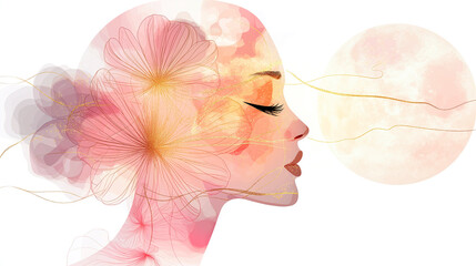 serene profile of woman with floral elements and soft colors, set against glowing moon. artwork evokes sense of tranquility and beauty, blending nature and femininity