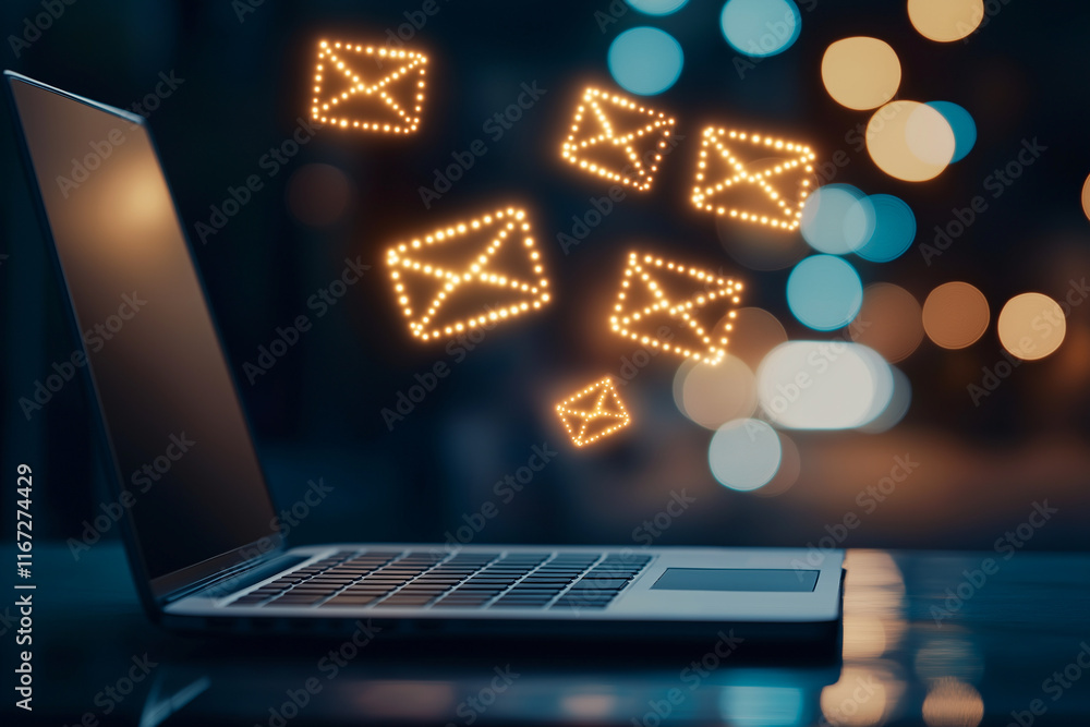 Poster digital laptop with glowing email icons floating above it, symbolizing communication and connectivit