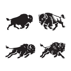 Running Bison Silhouette Vector Set - Dynamic Wildlife Illustrations in Black and White	

