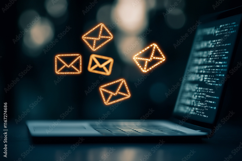 Poster digital email icons floating above laptop, symbolizing communication and technology. glowing envelop