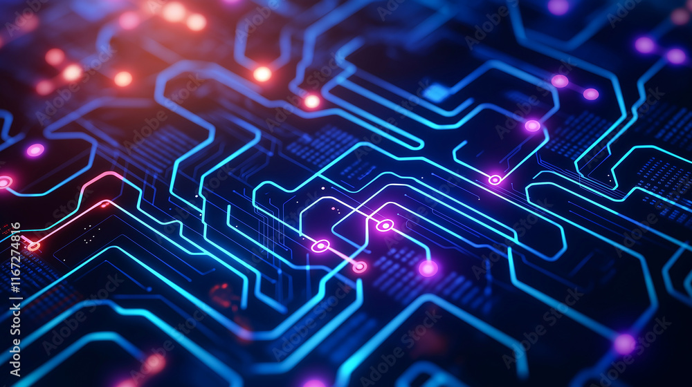 Poster futuristic abstract background featuring vibrant circuit patterns and glowing lines. this digital de