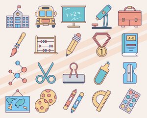 Vector icons related to school and education including books backpacks and school supplies