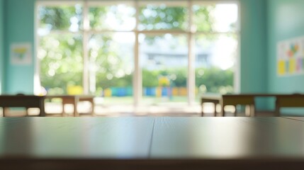 Empty wooden table in a blurred kindergarten classroom with large windows overlooking a garden.