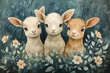 Three cute cartoon-style baby goats surrounded by flowers and foliage.