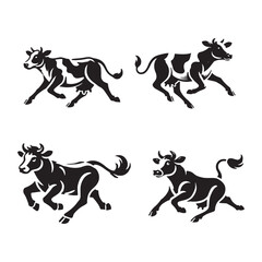 Running Cow Silhouette Vector Set - Dynamic Farm Animal Illustrations in Black and White	
