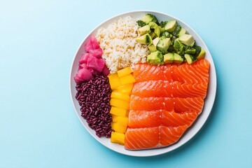 colorful plate of salmon, rice, avocado, and vegetables, showcasing healthy meal