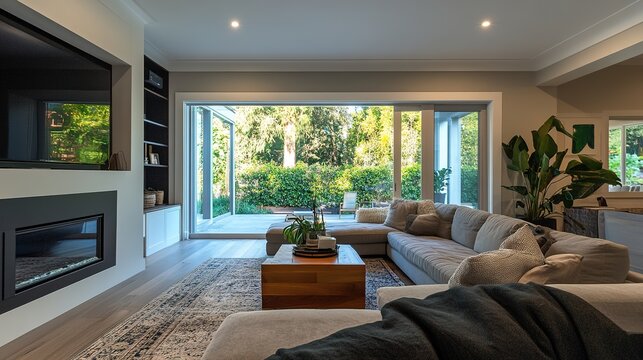 A living room renovation incorporating contemporary design trends and interiors.
