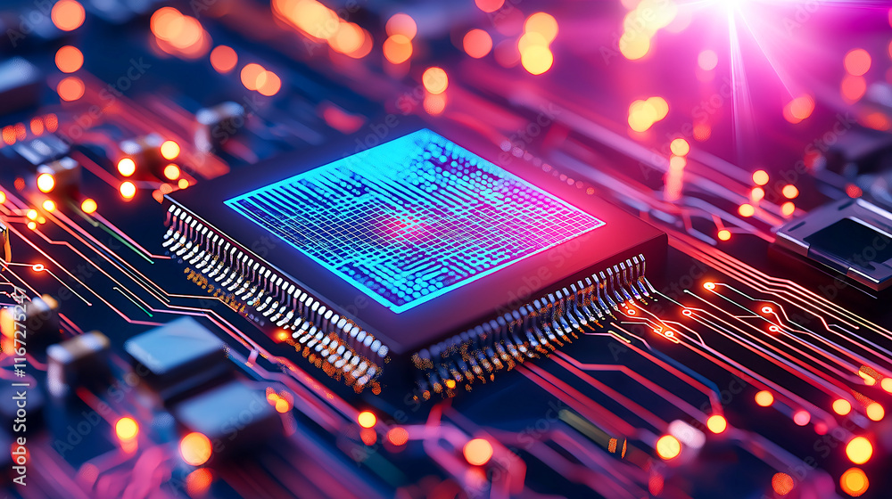 Poster high tech microchip on circuit board with glowing connections and vibrant colors. this futuristic di