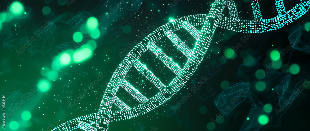 Poster digital representation of dna structure with glowing green background