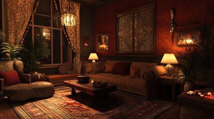 Fototapeta premium A living space with soft lighting and comfortable furnishings for a relaxing atmosphere.