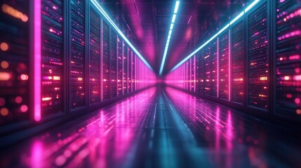 Futuristic Data Center with Neon Lights and Fiber Optic Cables in Cyberpunk Style