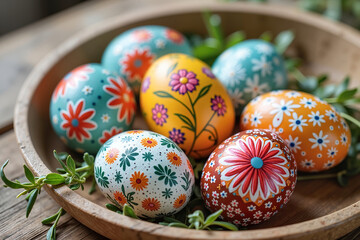 Fototapeta premium Colorful painted eggs on vintage tray with greenery, Easter decorations. Greeting card or holiday poster for Happy Easter promotion
