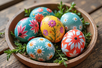 Fototapeta premium Colorful Easter eggs on vintage tray with greenery, seasonal celebration. Greeting card or holiday poster for Happy Easter promotion