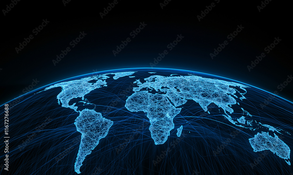 Poster digital world map illuminated with blue network of connections, showcasing global interconnectivity 