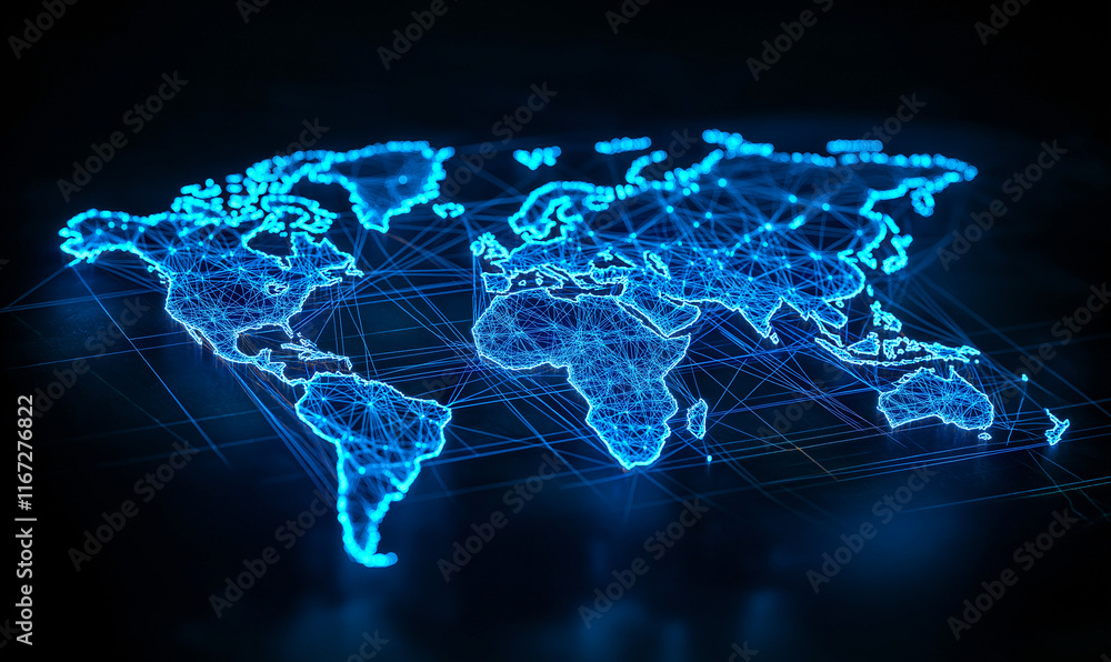 Poster abstract world map with glowing blue network connections, representing global communication and tech