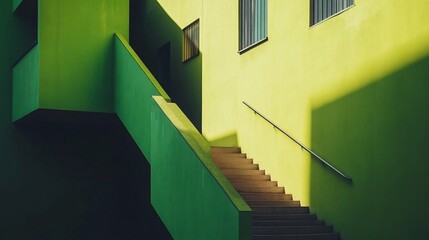 Fototapeta premium Green building exterior with stairs, windows, and shadows.