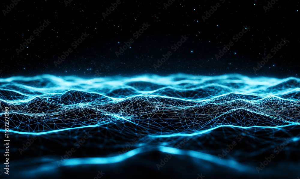 Poster mesmerizing abstract representation of interconnected waves, showcasing network of glowing lines aga