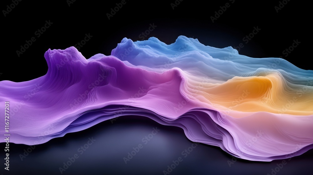Poster abstract wave-like forms in vibrant colors on a dark background.