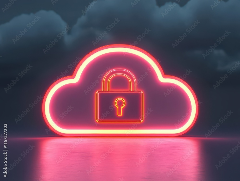 Poster cloud storage concept. authentication in cloud storage, vibrant glowing password inputs and padlocks