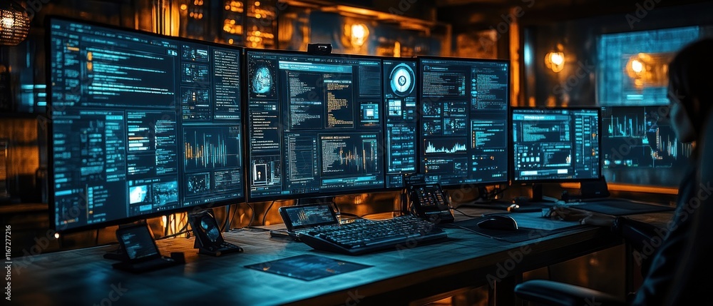 Poster high-tech workspace with multiple screens displaying data