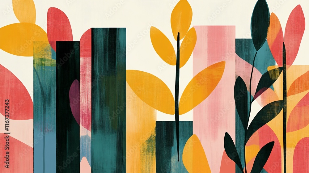 Poster abstract painted colorful botanical shapes.