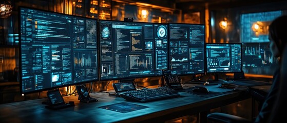 Obraz premium High-tech workspace with multiple screens displaying data