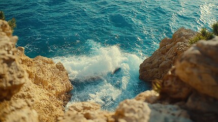 Cliffside waves crash, water churns, distant sea, scenic overlook.