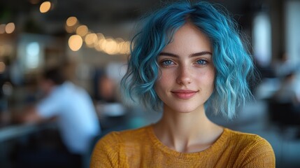 Obraz premium Inclusive portrait of happy female employee with blue hair in wheelchair in diverse workplace