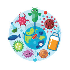 Different types of virus and bacteria set collection. Collection of Microbiology's flat design