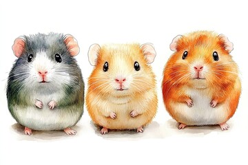 Three cute, cartoon-style guinea pigs in various colors standing side by side.