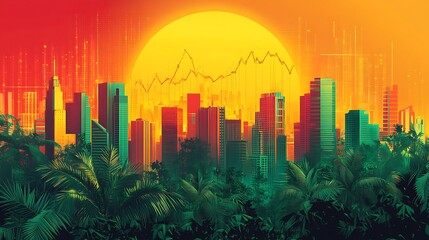 Vibrant Gradient Background with Sun and Urban Economy Theme