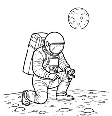 Continuous Line Drawing of a Person Space traveling and on moon