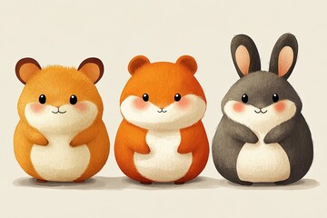 A cute illustration of three chubby, cartoon-style animals a hamster and a rabbit.