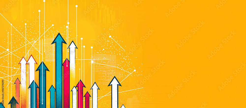 Poster colorful arrows pointing upward on vibrant yellow background symbolize growth and progress. this dyn