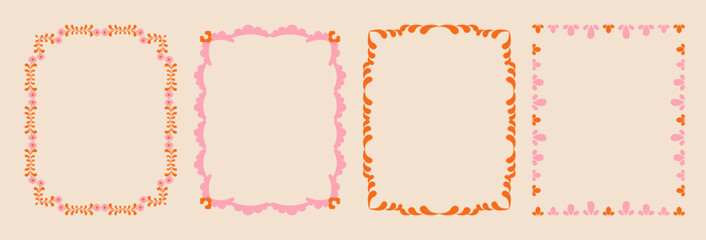 Set of whimsical floral border frames. hand drawn wildflowers and scribble line frame for invitation, valentine or invitation save the date card. Elegant botanical elements.
