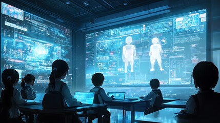 Obraz premium Futuristic classroom scene with robotic teacher and advanced technology