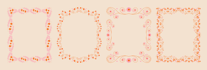 Set of whimsical floral border frames. hand drawn wildflowers and scribble line frame for invitation, valentine or invitation save the date card. Elegant botanical elements.