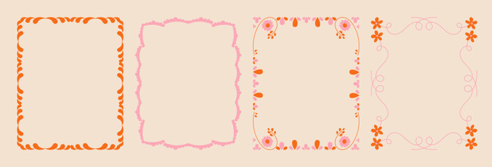 Set of whimsical floral border frames. hand drawn wildflowers and scribble line frame for invitation, valentine or invitation save the date card. Elegant botanical elements.