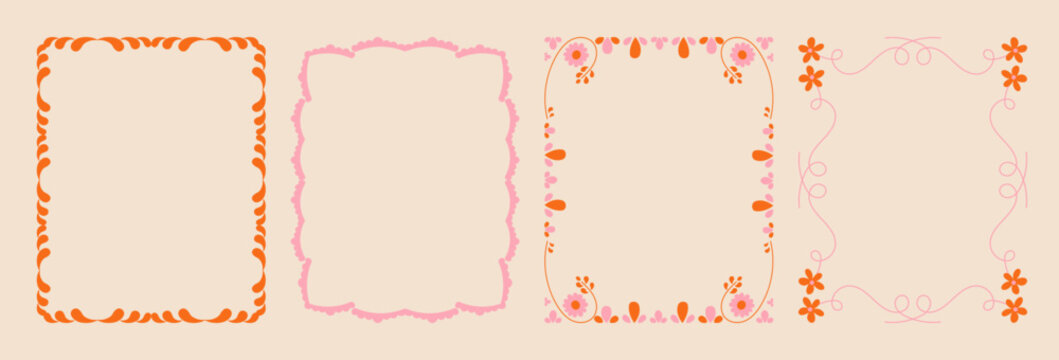 Set of whimsical floral border frames. hand drawn wildflowers and scribble line frame for invitation, valentine or invitation save the date card. Elegant botanical elements.