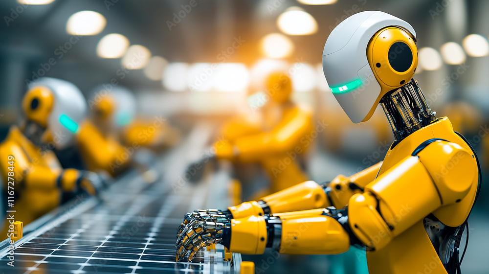 Poster robotic arms working on production line, showcasing advanced technology and automation. scene highli