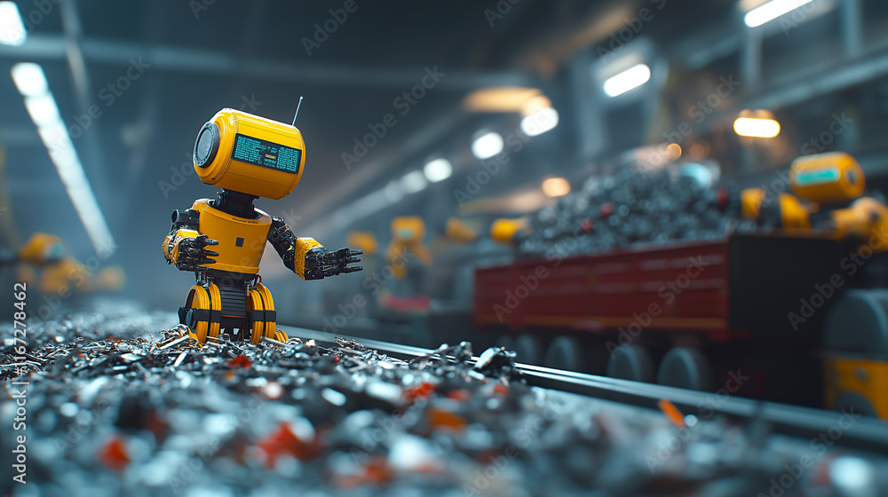 Poster small yellow robot stands amidst pile of metal scraps in busy factory. scene captures essence of aut