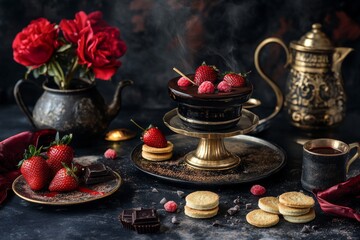 Fototapeta premium Delicious Chocolate Fondue with Strawberries and Cookies