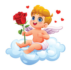 Adorable cupid sitting on clouds holding a red rose with love hearts around. Vector cartoon character illustration